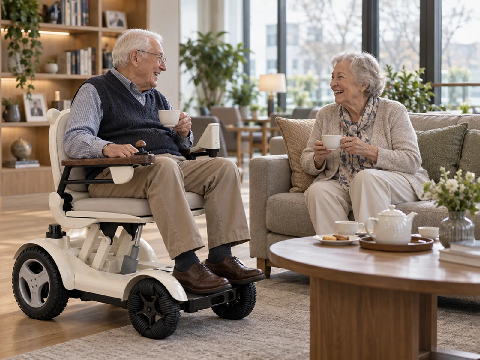 Two residents having tea in a senior community lounge, one seated in a CIHANG; a second chair charging by the wall
