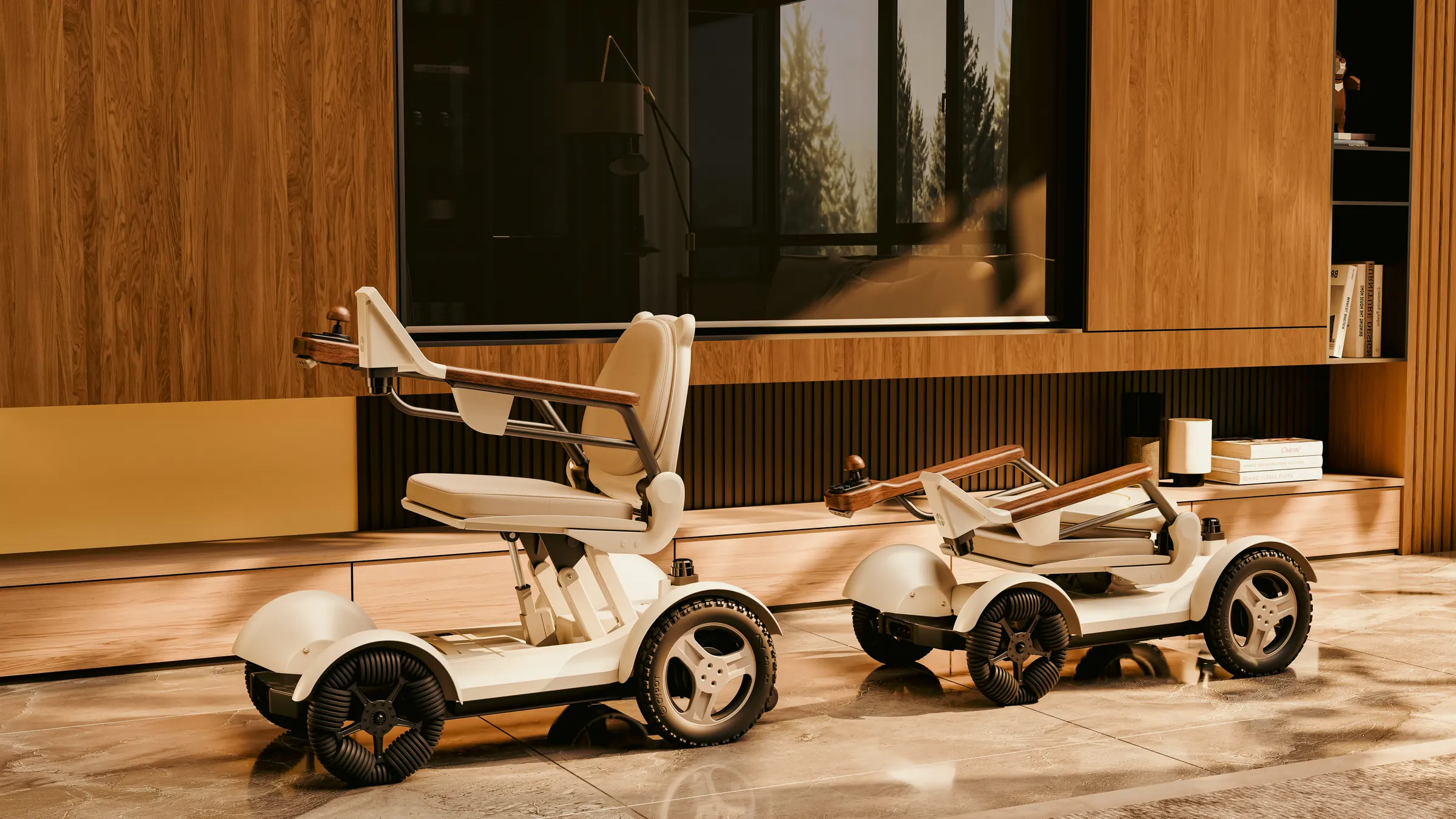 Two CIHANG chairs in a warm wood-panelled living room, one unfolded and one folded, beside a media console